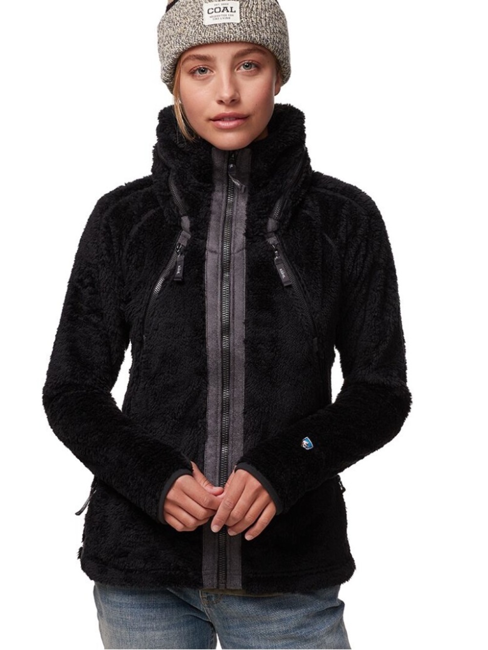 Kuhl Flight Fleece Zip Up Black Gray Sherpa Hooded Jacket Gorpcore Outdoor
